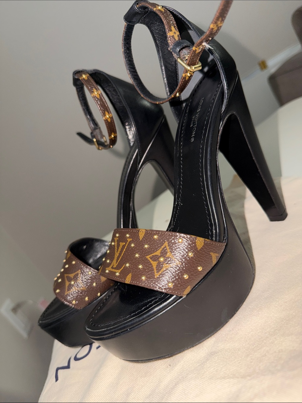 Louis Vuitton Black Platform Heels with Monogram Studded Strap
